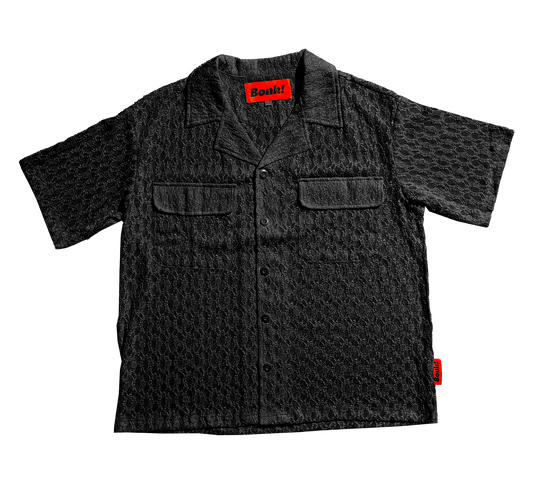Black Lace Button-Up Camp Collar Shirt